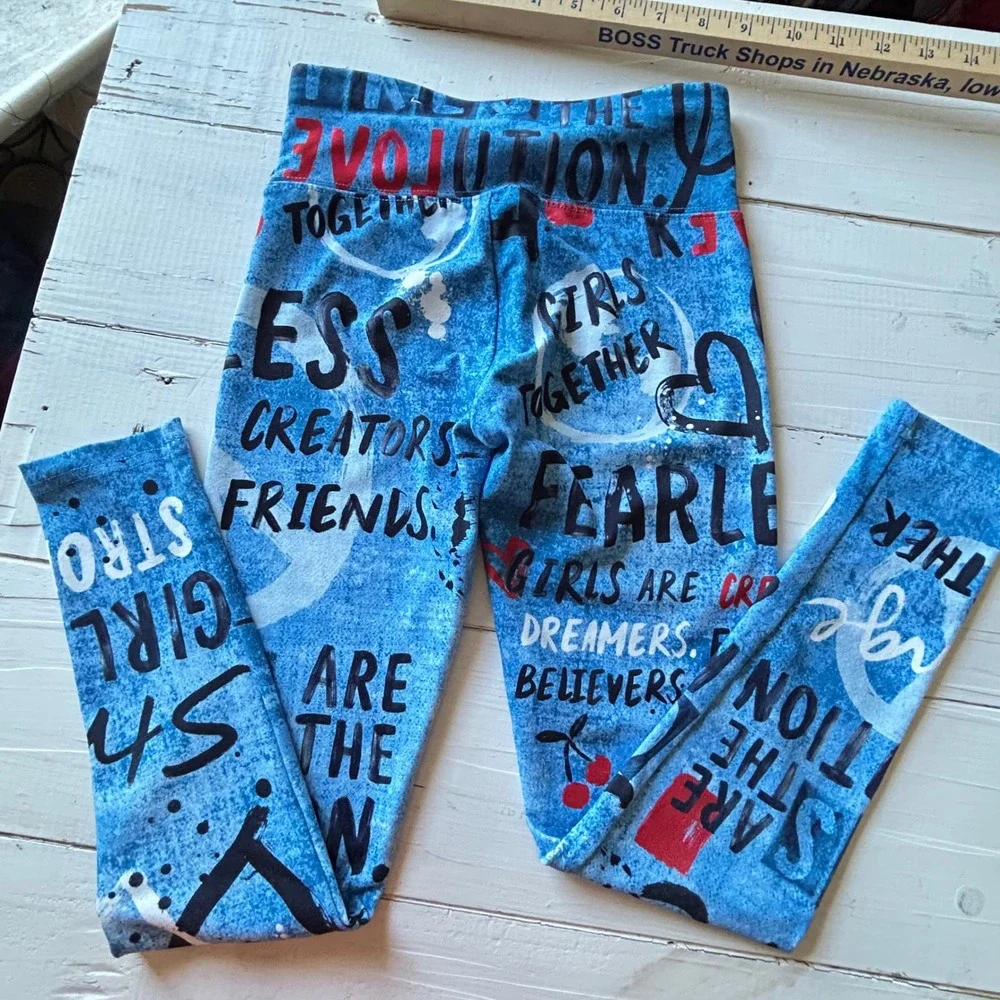 Justice Girls Blue Graphic Leggings Girls Are Strong Fearless‎ Size 10